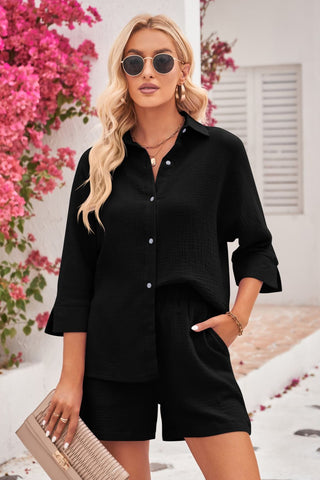 Shop Black Textured Shirt and Elastic Waist Shorts Set - High-Quality U.S. Made Women’s Fashion with Free & Fast Shipping