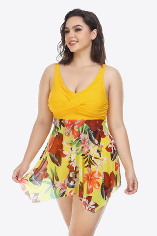 Shop Plus Size Floral Two-Tone Asymmetrical Hem Two-Piece Swimsuit - High-Quality U.S. Made Women’s Fashion with Free & Fast Shipping