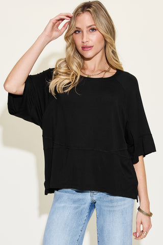 Shop Basic Bae Full Size Bamboo Round Neck Exposed Seam T-Shirt - High-Quality U.S. Made Women’s Fashion with Free & Fast Shipping