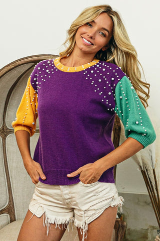 Shop BiBi Color Block Pearl Detail Round Neck Sweater - High-Quality U.S. Made Women’s Fashion with Free Fast Shipping