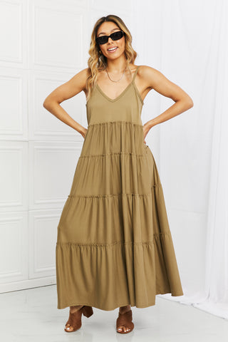 Shop Khaki Zenana Full Size Spaghetti Strap Tiered Dress with Pockets in Khaki - High-Quality U.S. Made Women’s Fashion with Free & Fast Shipping