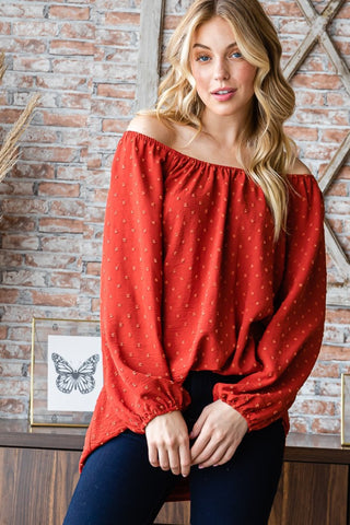 Shop Rust Heimish Full Size Swiss Dot Off Shoulder Top - High-Quality U.S. Made Women’s Fashion with Free & Fast Shipping