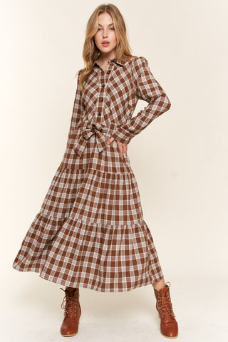 Shop Brown And the Why Plaid Tiered Midi Shirt Dress - High-Quality U.S. Made Women’s Fashion with Free & Fast Shipping