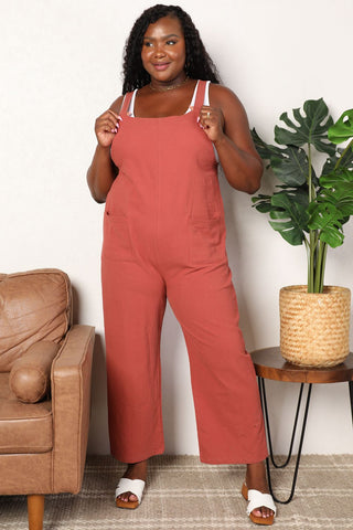 Shop Orange-Red Wide Leg Overalls with Front Pockets - High-Quality U.S. Made Women’s Fashion with Free & Fast Shipping