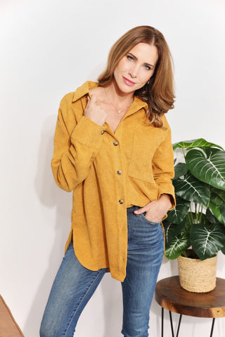 Shop HEYSON Full Size Oversized Corduroy Button-Down Tunic Shirt with Bust Pocket - High-Quality U.S. Made Women’s Fashion with Free & Fast Shipping