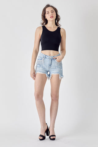 Shop RISEN Frayed Hem Denim Shorts with Fringe Detail Pockets - High-Quality U.S. Made Women’s Fashion with Free & Fast Shipping