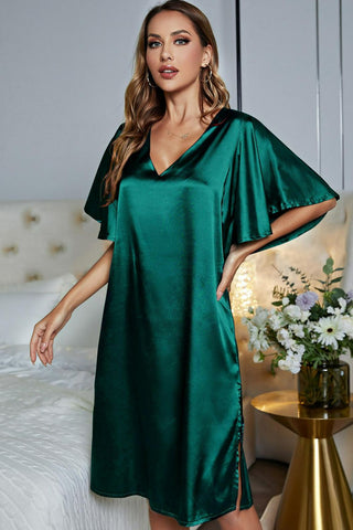 Shop Teal Satin Flutter Sleeve Side Slit V-Neck Night Dress - High-Quality U.S. Made Women’s Fashion with Free & Fast Shipping