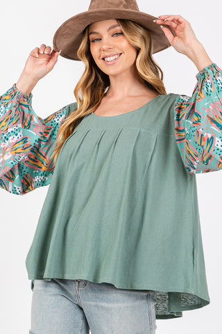 Shop SAGE + FIG Ruched Round Neck Printed Bubble Sleeve Top - High-Quality U.S. Made Women’s Fashion with Free & Fast Shipping