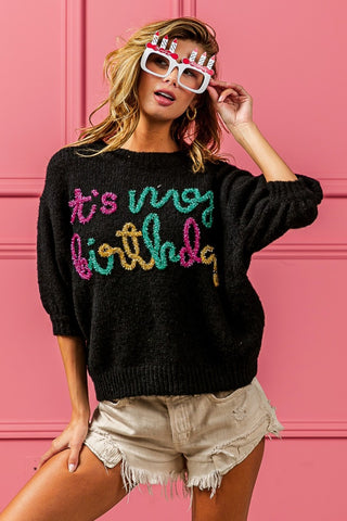 Shop Black BiBi Metallic Letter Puff Sleeve Hairy Sweater - High-Quality U.S. Made Women’s Fashion with Free & Fast Shipping