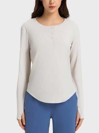 Shop White Millennia Round Neck Long Sleeve Sport Top - High-Quality U.S. Made Women’s Fashion with Free & Fast Shipping