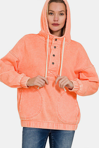 Shop CORAL Zenana Drawstring Half Snap Dropped Shoulder Hoodie - High-Quality U.S. Made Women’s Fashion with Free & Fast Shipping