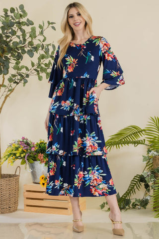 Shop NAVY FL Celeste Full Size Floral Ruffle Tiered Midi Dress - High-Quality U.S. Made Women’s Fashion with Free & Fast Shipping