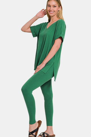 Shop Forest Zenana Full Size V-Neck Rolled Short Sleeve T-Shirt and Leggings Lounge Set - High-Quality U.S. Made Women’s Fashion with Free & Fast Shipping