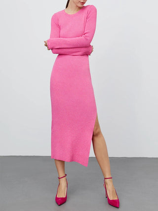 Shop Hot Pink Round Neck Slit Sweater Dress - High-Quality U.S. Made Women’s Fashion with Free & Fast Shipping