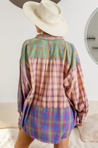 Shop BiBi Plaid Color Block Button Up Shirt - High-Quality U.S. Made Women’s Fashion with Free & Fast Shipping