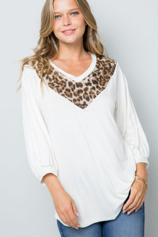 Shop Ivory Gold Celeste Full Size Leopard Contrast Balloon Sleeve Top - High-Quality U.S. Made Women’s Fashion with Free & Fast Shipping