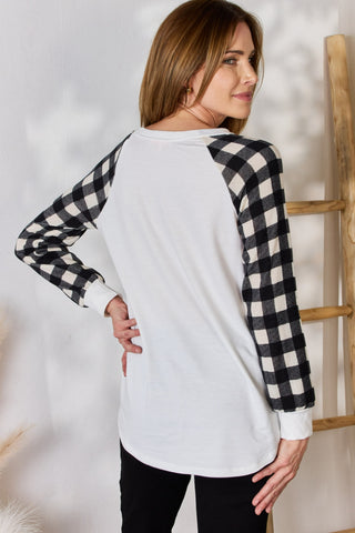 Shop Hailey & Co Full Size Plaid Raglan Sleeve Round Neck Blouse - High-Quality U.S. Made Women’s Fashion with Free & Fast Shipping