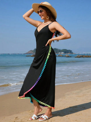 Shop Rainbow Pompom Trim Spaghetti Strap Cover-Up - High-Quality U.S. Made Women’s Fashion with Free Fast Shipping