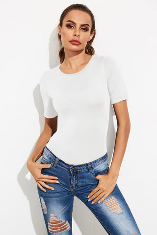 Shop White Round Neck Short Sleeve Bodysuit - High-Quality U.S. Made Women’s Fashion with Free & Fast Shipping