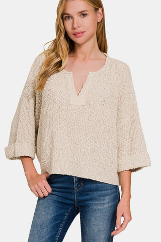 Shop H Sand Beige Zenana Notched Side Slit Patch Sweater - High-Quality U.S. Made Women’s Fashion with Free & Fast Shipping