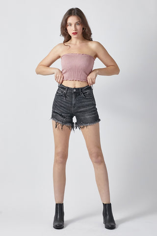 Shop RISEN Raw Hem Denim Shorts with Pockets - High-Quality U.S. Made Women’s Fashion with Free & Fast Shipping