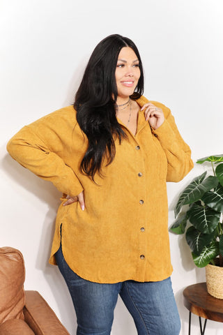 Shop HEYSON Full Size Oversized Corduroy Button-Down Tunic Shirt with Bust Pocket - High-Quality U.S. Made Women’s Fashion with Free & Fast Shipping