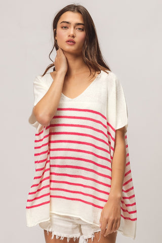 Shop BiBi V Neck Striped Short Sleeve Top - High-Quality U.S. Made Women’s Fashion with Free & Fast Shipping