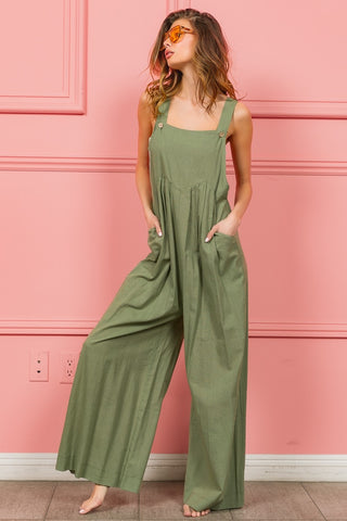 Shop BiBi Ruched Wide Leg Overalls with Pockets - High-Quality U.S. Made Women’s Fashion with Free & Fast Shipping