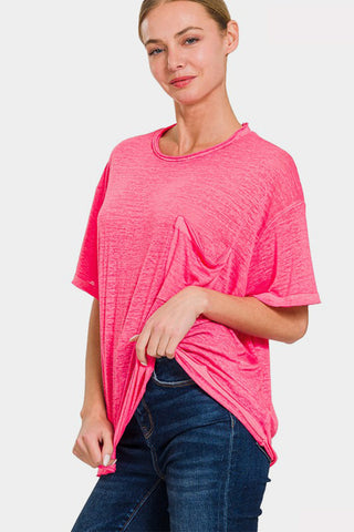 Shop Zenana Pocketed Round Neck Dropped Shoulder T-Shirt - High-Quality U.S. Made Women’s Fashion with Free & Fast Shipping