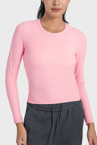 Shop Carnation Pink Millennia Round Neck Long Sleeve Sports Top - High-Quality U.S. Made Women’s Fashion with Free & Fast Shipping