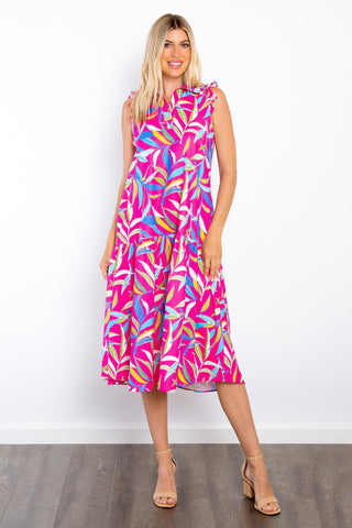 Shop Fuchsia Be Stage Print Ruffled Midi Dress with Pockets - High-Quality U.S. Made Women’s Fashion with Free & Fast Shipping