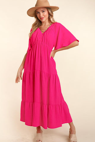 Shop Hot Pink Haptics Tiered Babydoll Maxi Dress with Side Pocket - High-Quality U.S. Made Women’s Fashion with Free & Fast Shipping