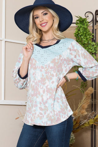 Shop Celeste Full Size Leaf Print Contrast Trim Balloon Sleeve Top - High-Quality U.S. Made Women’s Fashion with Free & Fast Shipping