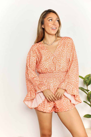 Shop Double Take Printed Flare Sleeve Surplice Romper - High-Quality U.S. Made Women’s Fashion with Free & Fast Shipping