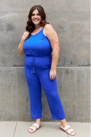 Shop ODDI Full Size Textured Woven Jumpsuit in Royal Blue - High-Quality U.S. Made Women’s Fashion with Free & Fast Shipping