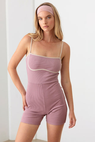 Shop Mauve Cream Le Lis Contrast Trim Ribbed Knit Bodycon Romper - High-Quality U.S. Made Women’s Fashion with Free & Fast Shipping