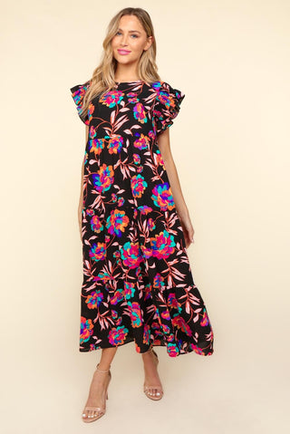 Shop Haptics Ruffled Printed Round Neck Cap Sleeve Dress - High-Quality U.S. Made Women’s Fashion with Free & Fast Shipping