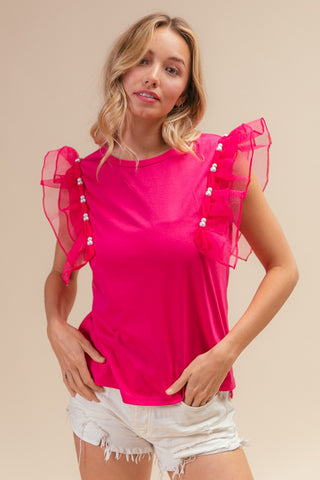 Shop BiBi Pearl Decor Mesh Ruffle Sleeve Top - High-Quality U.S. Made Women’s Fashion with Free & Fast Shipping