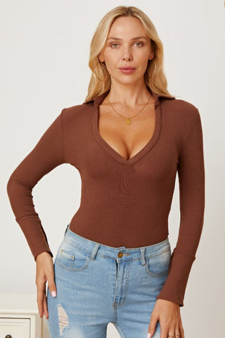 Shop Brown V-Neck Long Sleeve Bodysuit - High-Quality U.S. Made Women’s Fashion with Free & Fast Shipping