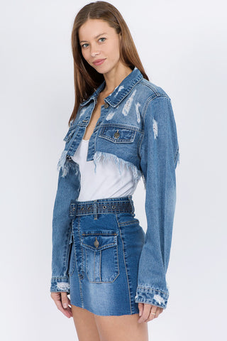 Shop American Bazi Distressed Denim Jacket with Frayed Hem - High-Quality U.S. Made Women’s Fashion with Free & Fast Shipping