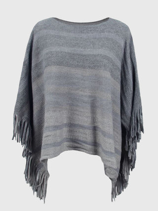 Shop Striped Boat Neck Poncho with Fringes - High-Quality U.S. Made Women’s Fashion with Free Fast Shipping