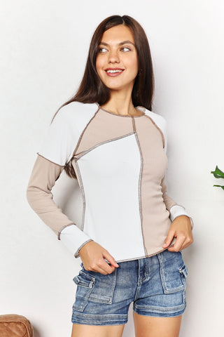 Shop Double Take Color Block Exposed Seam Top - High-Quality U.S. Made Women’s Fashion with Free & Fast Shipping