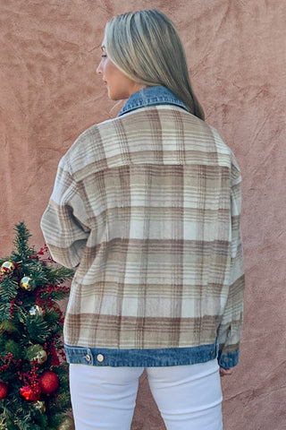 Shop And The Why Full Size Washed Denim Detail Brushed Plaid Jacket - High-Quality U.S. Made Women’s Fashion with Free & Fast Shipping