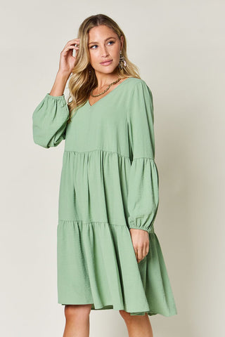 Shop Double Take Full Size V-Neck Balloon Sleeve Tiered Dress with Pockets - High-Quality U.S. Made Women’s Fashion with Free & Fast Shipping