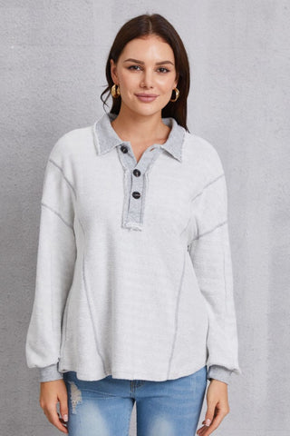 Shop Half Button Dropped Shoulder Sweatshirt - High-Quality U.S. Made Women’s Fashion with Free Fast Shipping