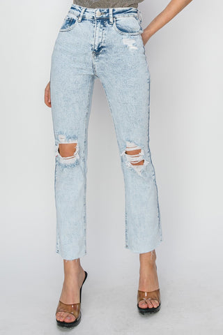 Shop Acid Light RISEN High Rise Distressed Ankle Jeans - High-Quality U.S. Made Women’s Fashion with Free & Fast Shipping