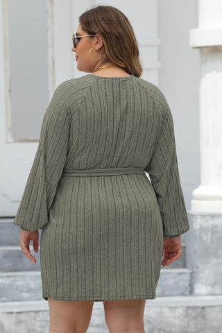 Shop Plus Size Ribbed Tie Front Long Sleeve Sweater Dress - High-Quality U.S. Made Women’s Fashion with Free & Fast Shipping