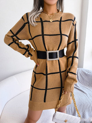 Shop Plaid Round Neck Dropped Shoulder Sweater Dress - High-Quality U.S. Made Women’s Fashion with Free Fast Shipping