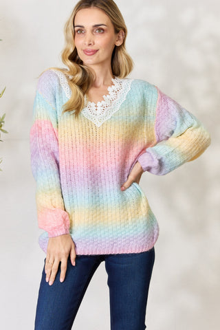 Shop Pink Multi BiBi Rainbow Gradient Crochet Deetail Sweater - High-Quality U.S. Made Women’s Fashion with Free & Fast Shipping