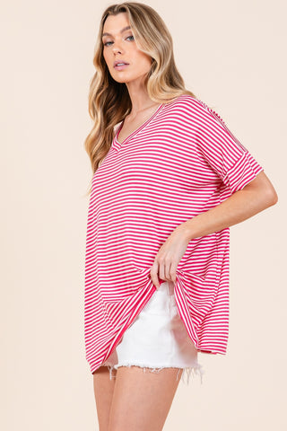 Shop BOMBOM Striped V-Neck T-Shirt - High-Quality U.S. Made Women’s Fashion with Free & Fast Shipping